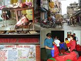 2 2 Butcher And Kathmandu Street Scene, Reviewing Trekking Equipment I returned to the entrance to Boudhanath, and looked at the chaotic street scene, which even had a butcher's shop right on the street. I once again went to Thamel to savor the smells and sounds of this tourist ghetto. I ate a late lunch at the famous Everest Steak House; a meal of steak, French Fries and a cold beer  delicious. I returned to the Everest Hotel for our pre-trek briefing, where our Nepalese trekking guide Kumar showed us our duffel bags, sleeping bags, and down jackets, He demonstrated our portable altitude chamber to show us what wed have to do if one of us suffered extreme altitude sickness.